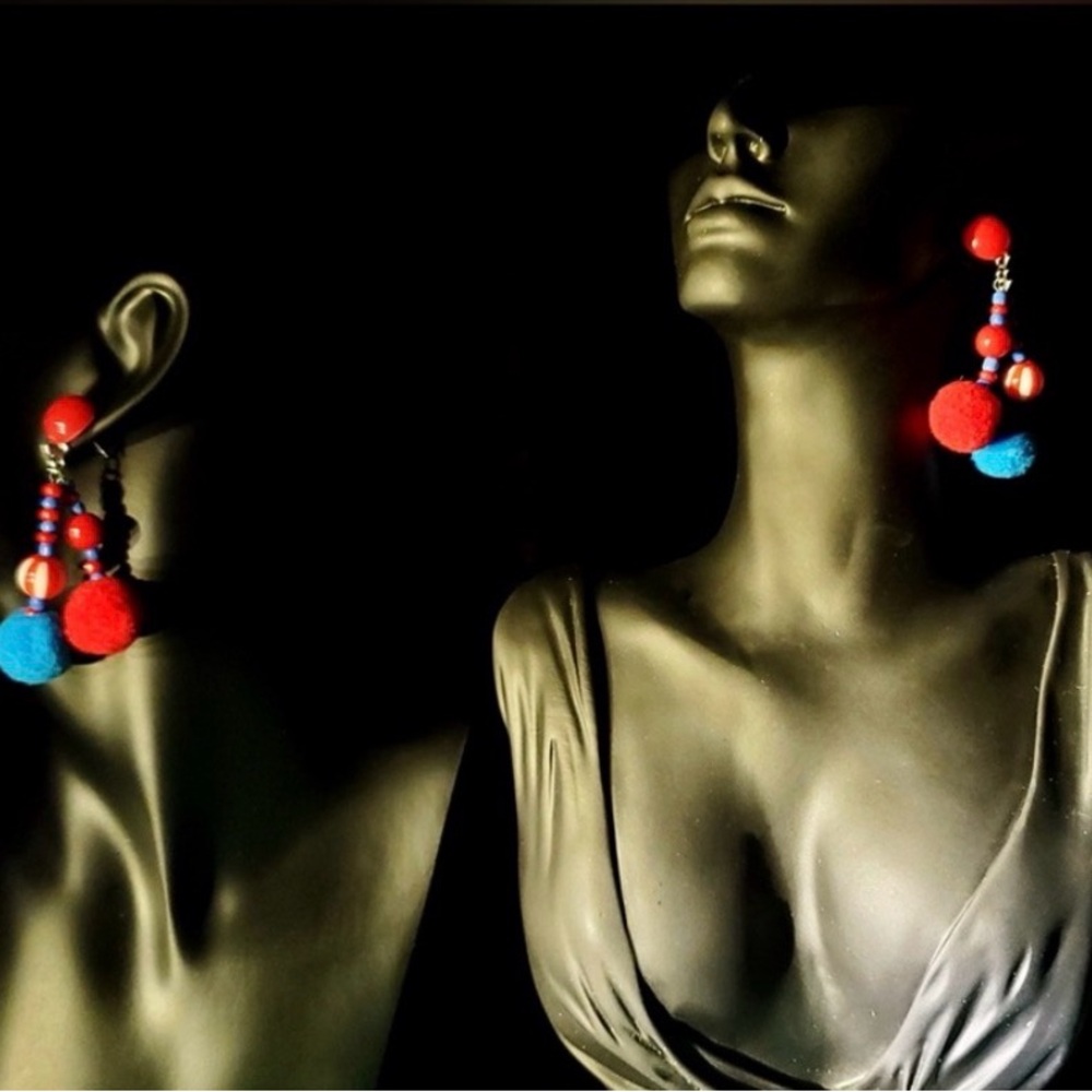 Colorful Red and Blue Pom-Pom Drop Earrings for Women